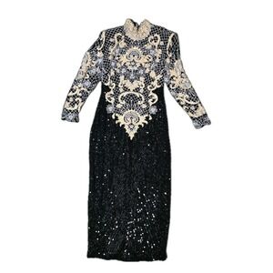 Black Tie Vintage Beaded / Sequin Gown, Lattice Floral Pattern, Elegant,  Silk
